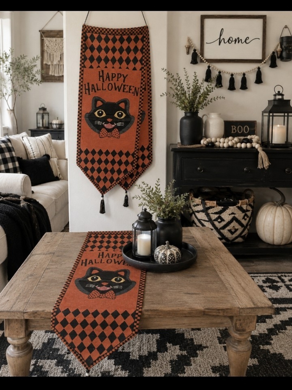 Happy Halloween Black Cat Table Runner & Wall Hanging - Orange & Black